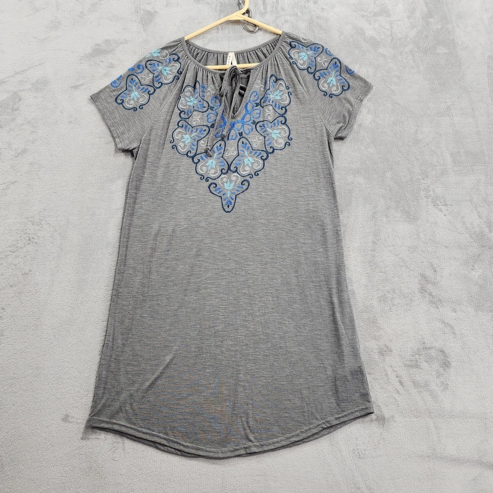 Roper Dress Womens M Gray Embroidered Floral Keyhole‎ Scoop Neck T-Shirt Dress